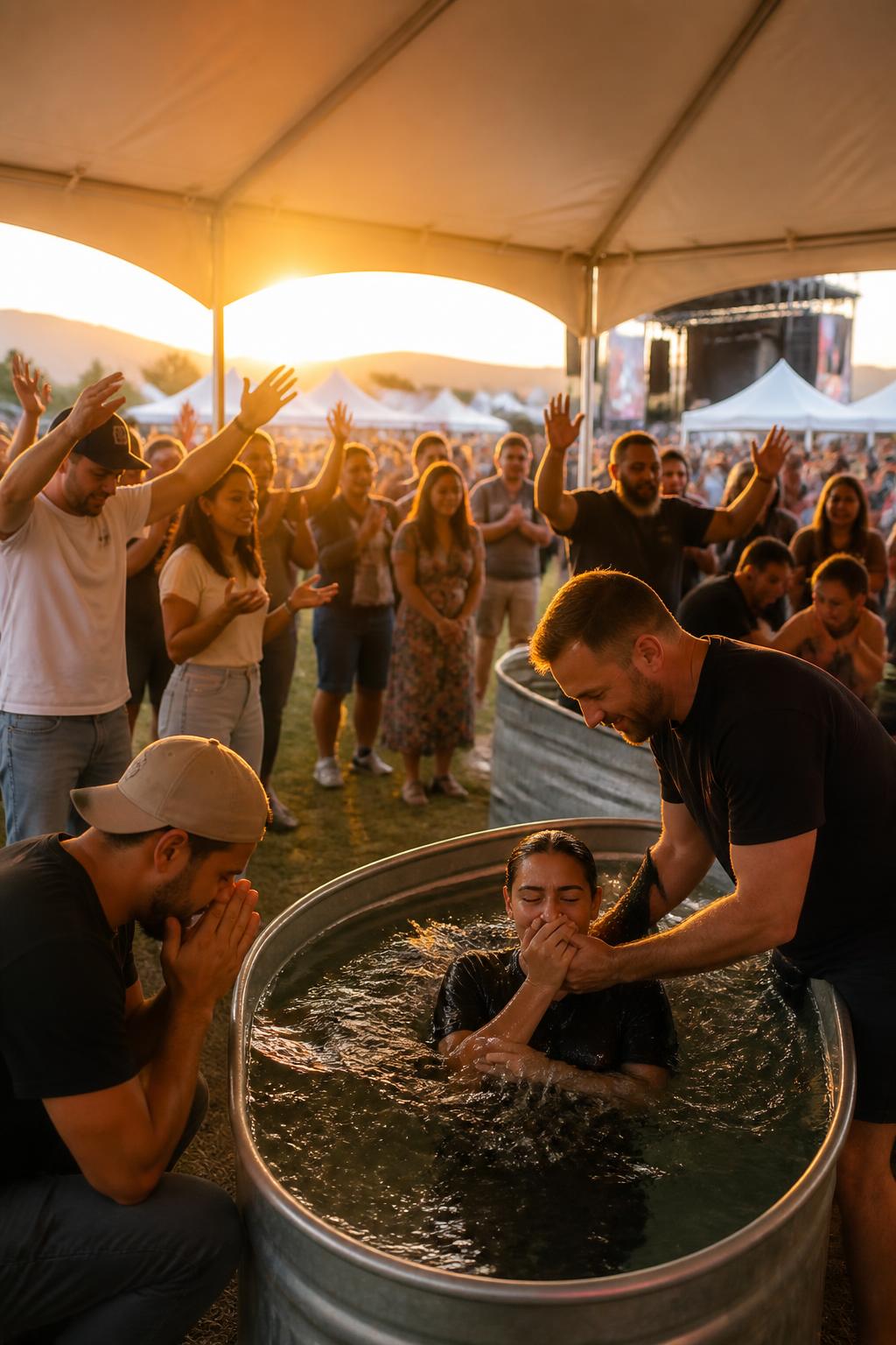 A pastor baptizing a person outdoors at the Baptism Pavilion while friends and family look on at golden hour